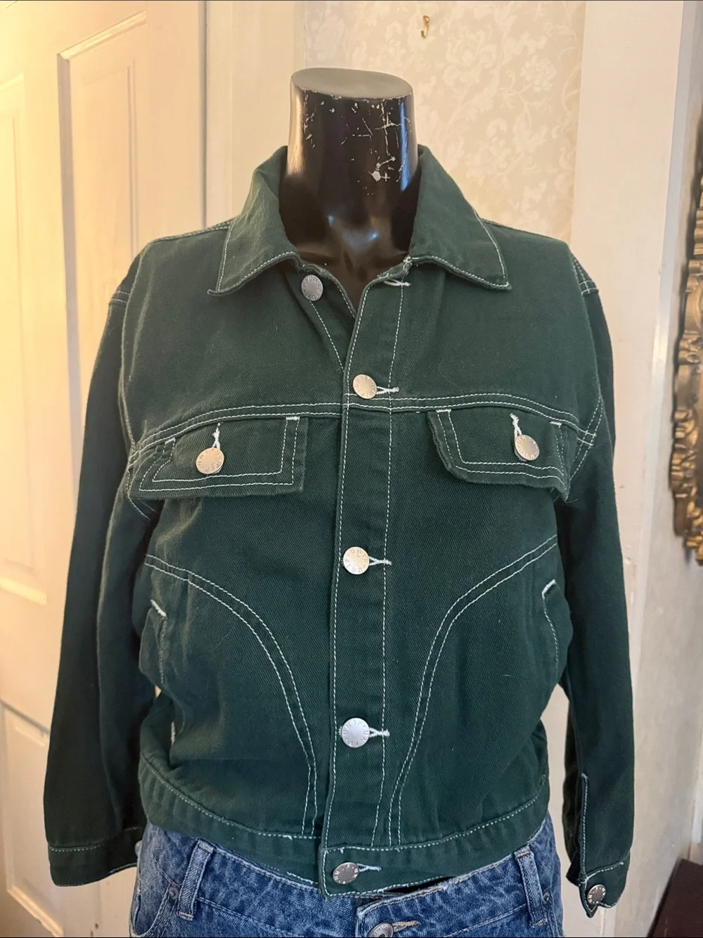 UNIF Green Denim Jacket Contrast White Topstitching Silver-Tone Buttons Small